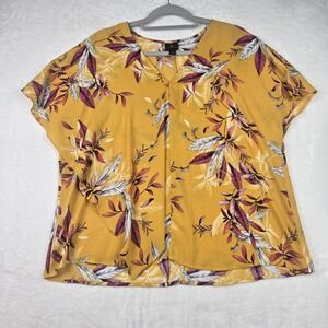 Worthington Womens Yellow White Pink Floral Blouse Size Large Flutter‎ Sleeve